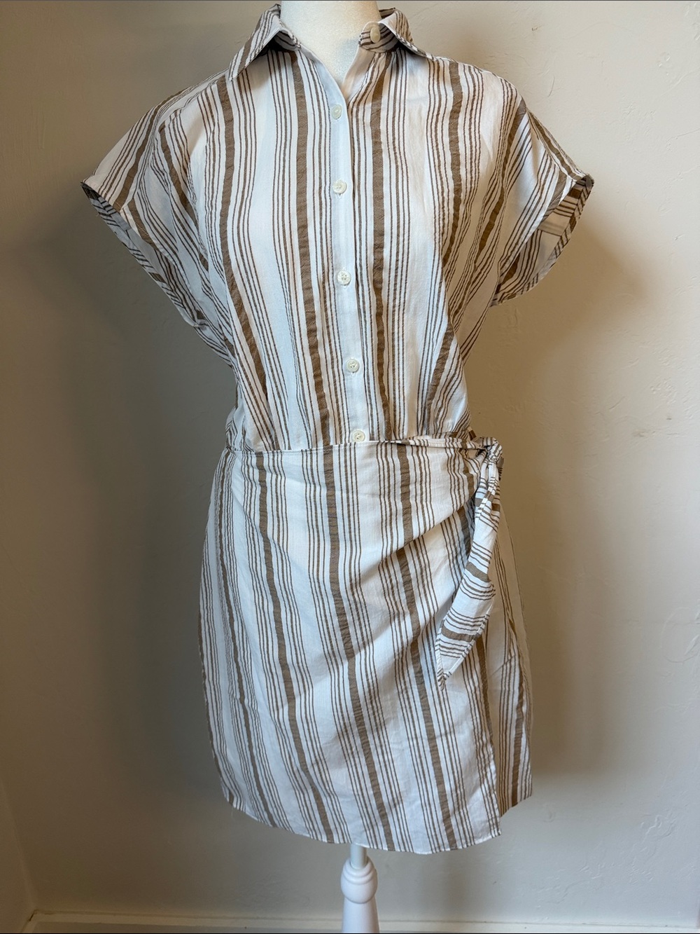 NWT Loft Striped Seersucker Wrap Mini Shirtdress in Earthen Sienna
